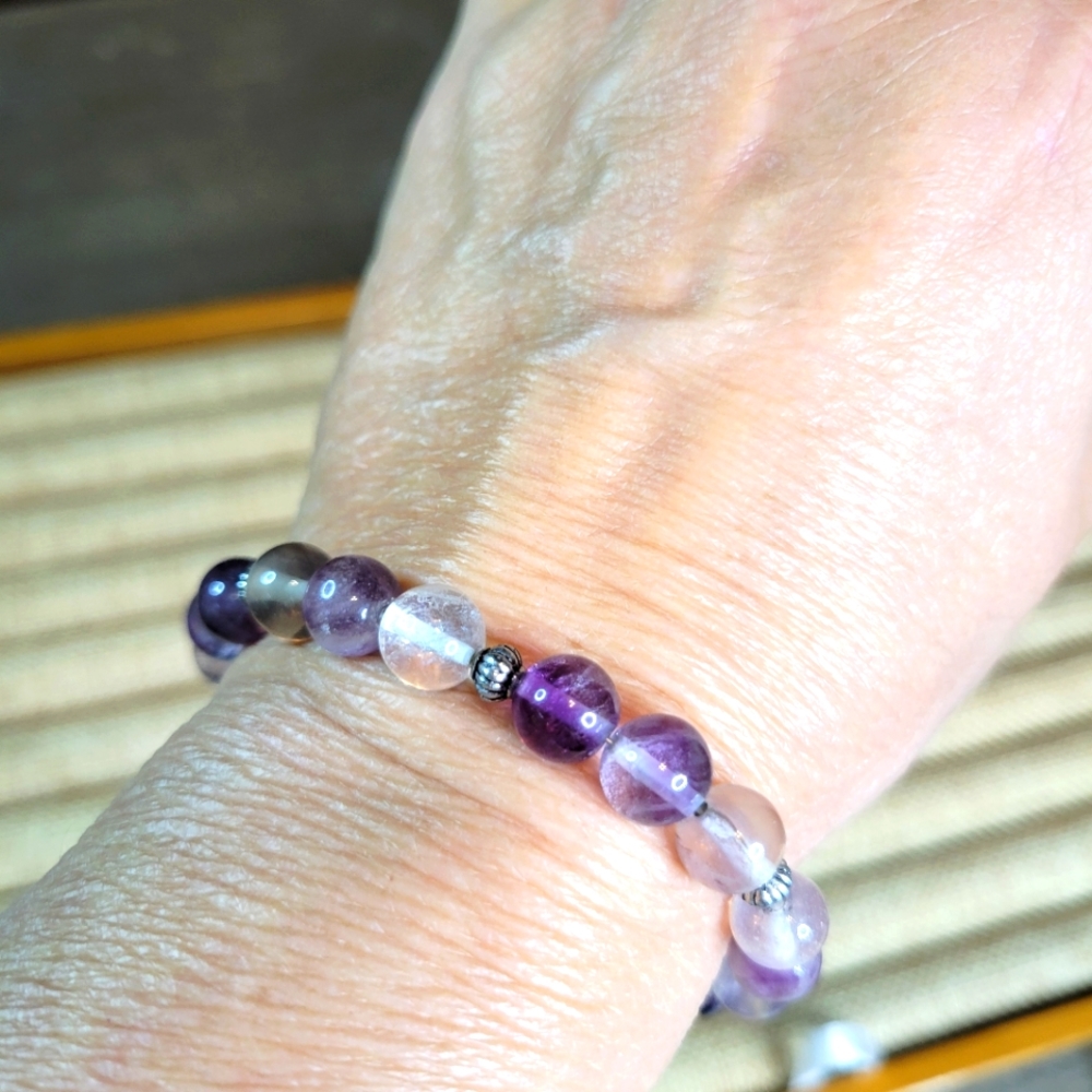 Handmade Purple Fluorite Gemstone Beaded Bracelet 8" Long Costume Jewelry